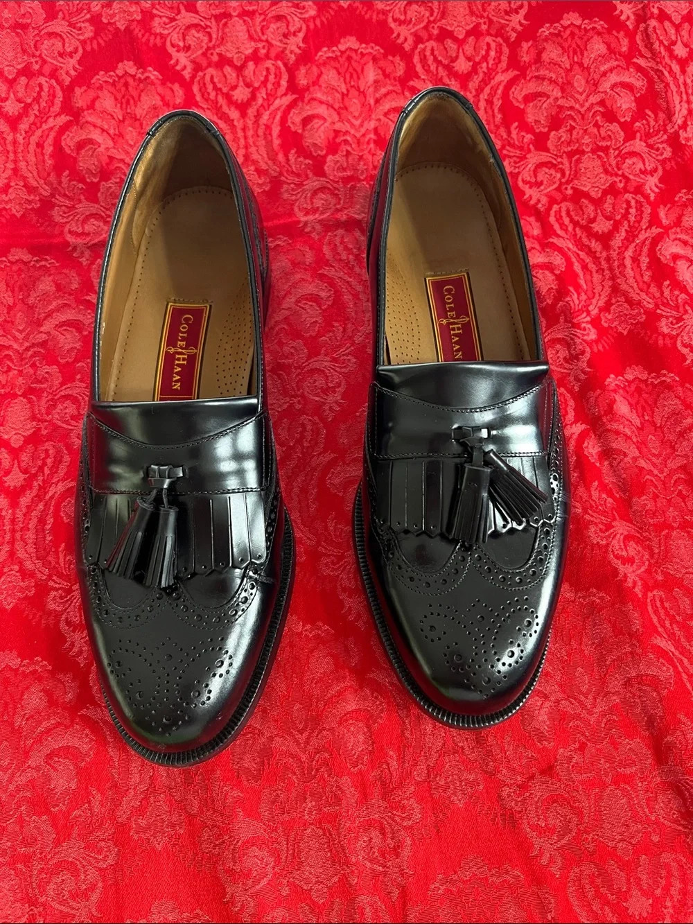 Cole Haan Black Leather Tassel Kiltie Loafers Men's 12D Wingtip Slip-On Dress Sh